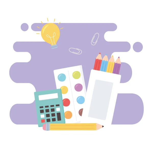 Powrót do szkoły, kalkulator paleta kolorystyczna ołówek i kolor w pudełku edukacja kreskówka — Wektor stockowy