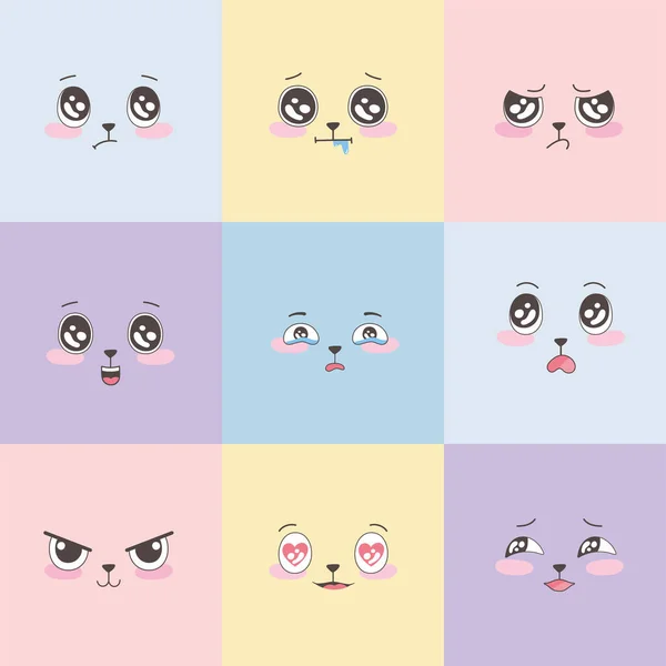 Uppsättning färgglada uttryckssymboler, emoji ansikten uttryck tecknad design — Stock vektor
