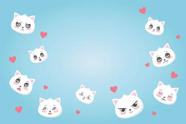 Słodkie koty z różne emocje serca miłość kreskówki twarze zwierzęta — Wektor stockowy