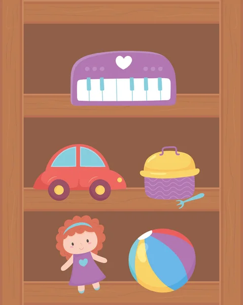 車の人形ボールピアノおもちゃ木製の棚で漫画を再生する小さな子供のためのオブジェクト — ストックベクタ