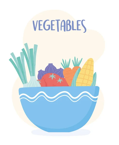 サラダボウルに新鮮なジューシーな野菜の漫画のデザイン — ストックベクタ
