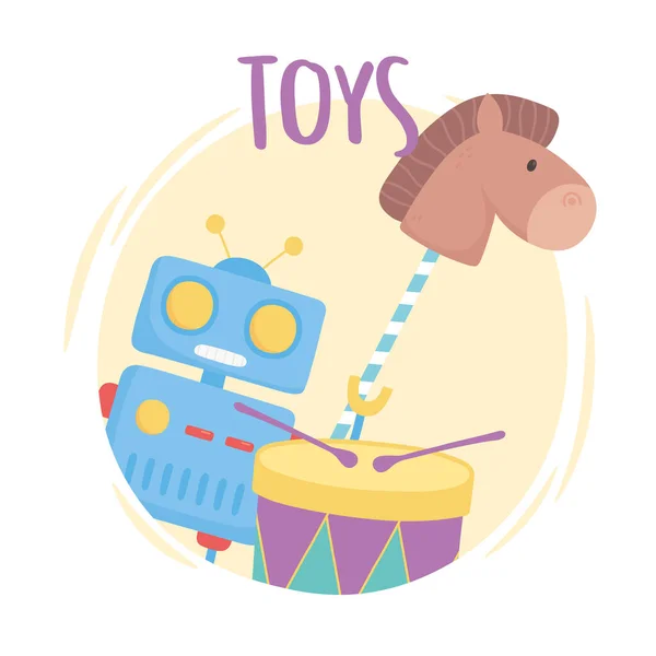 Brinquedos objeto para crianças pequenas para jogar cartoon robô tambor cavalo na vara —  Vetores de Stock