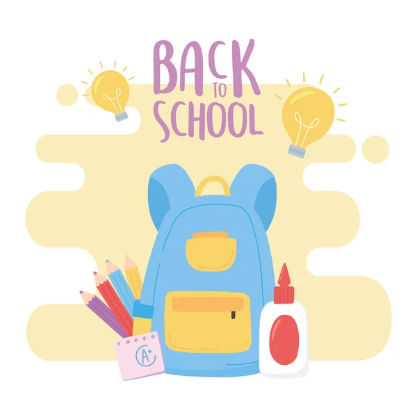 Back to school, backpack glue color pencils study education cartoon — Stock Vector