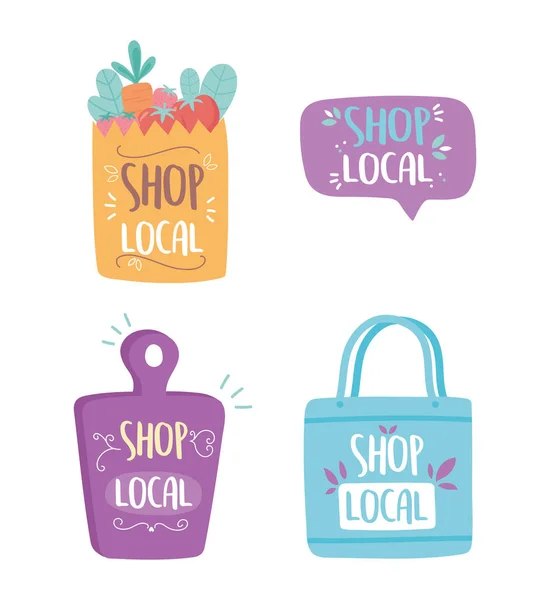 Apoiar a empresa local, loja pequeno mercado saco de papel ícones de lettering placa de corte — Vetor de Stock