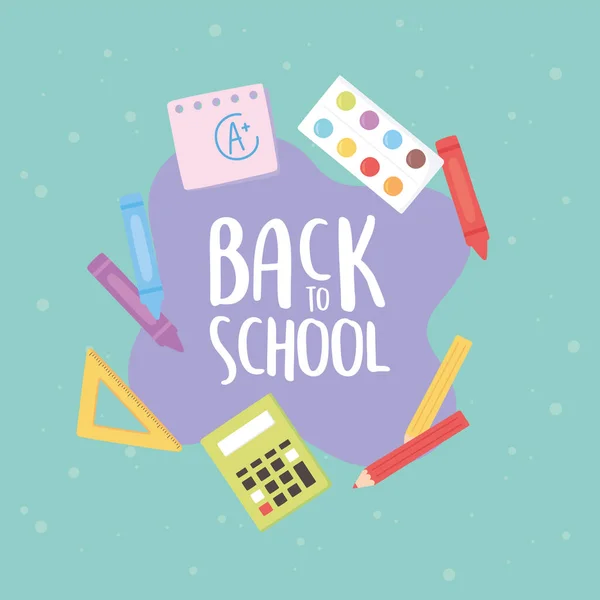 Torna a scuola, tavolozza colori calcolatrice pastelli righello educazione cartone animato — Vettoriale Stock