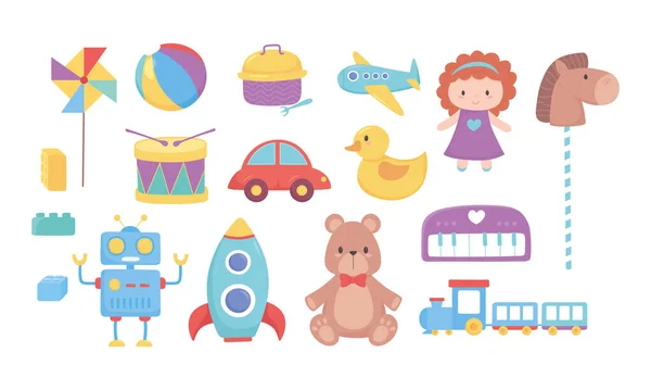 Niños juguetes oso muñeca caballo coche tren tambor robot cohete bola avión iconos dibujos animados — Vector de stock