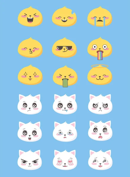 Grappige platte stijl emoji emoticon pictogram set gezichten katten gezichtsuitdrukking — Stockvector
