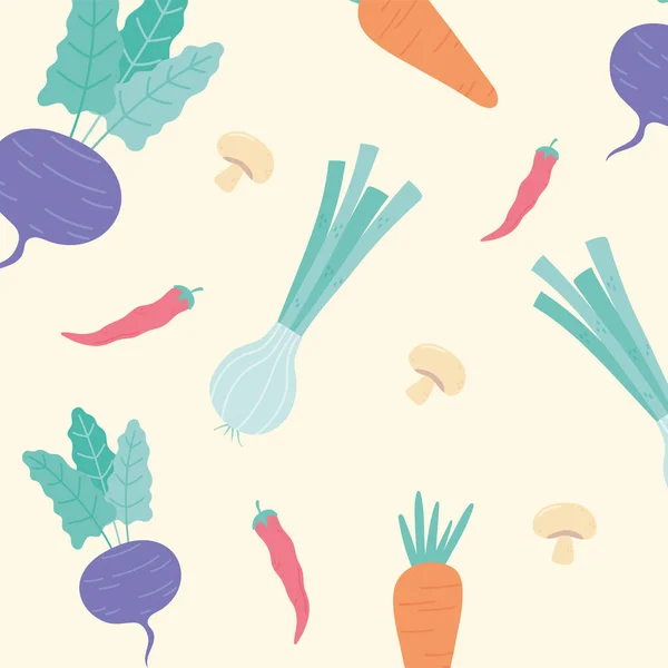 Cebolla zanahoria remolacha champiñón alimentos frescos vegetal fondo — Vector de stock
