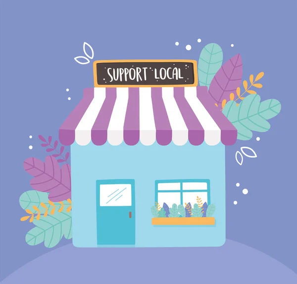 Sostenere le imprese locali, negozio piccolo mercato con facciata cartellone — Vettoriale Stock