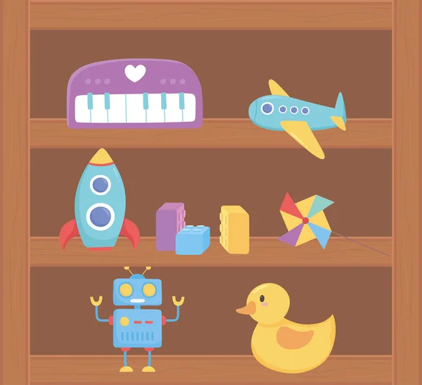 Samolot kaczka robot rakieta zabawki obiekt dla małych dzieci grać kreskówki na drewnianej półce — Wektor stockowy