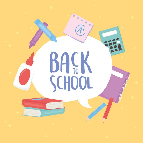 Voltar para a escola, livros notebook cola calculadora lápis de cor educação desenho animado —  Vetores de Stock
