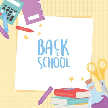 Okula geri dön, hesap makinesi makas kitapları pastel boya eğitimi çizgi film arka planı