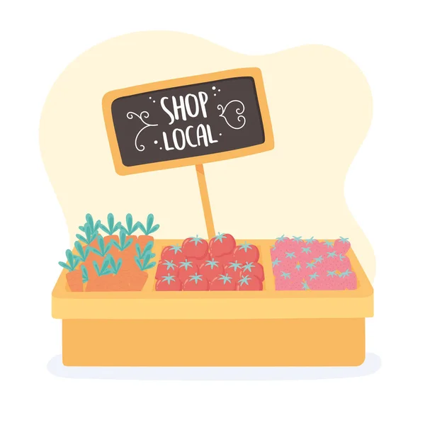 Apoiar a empresa local, loja de pequeno mercado, produtos orgânicos naturais frescos no balcão — Vetor de Stock