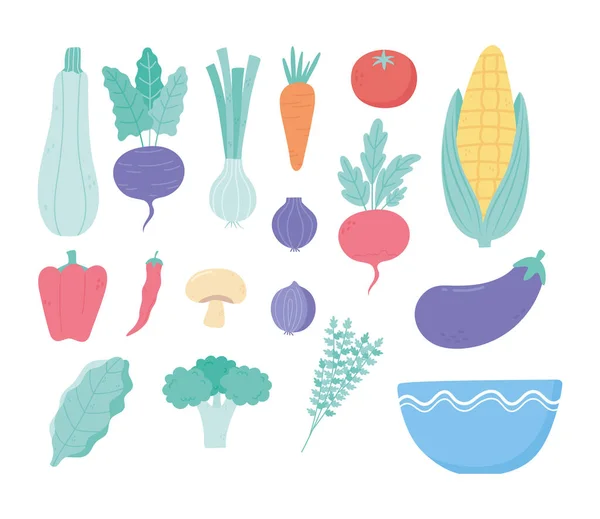 Zöldségek friss menü összetevők betakarítás tápanyag tál ikonok — Stock Vector