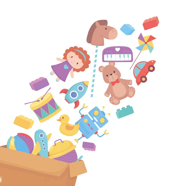 Küçük çocukların çizgi film oynaması için karton kutuya düşen oyuncaklar. — Stok Vektör