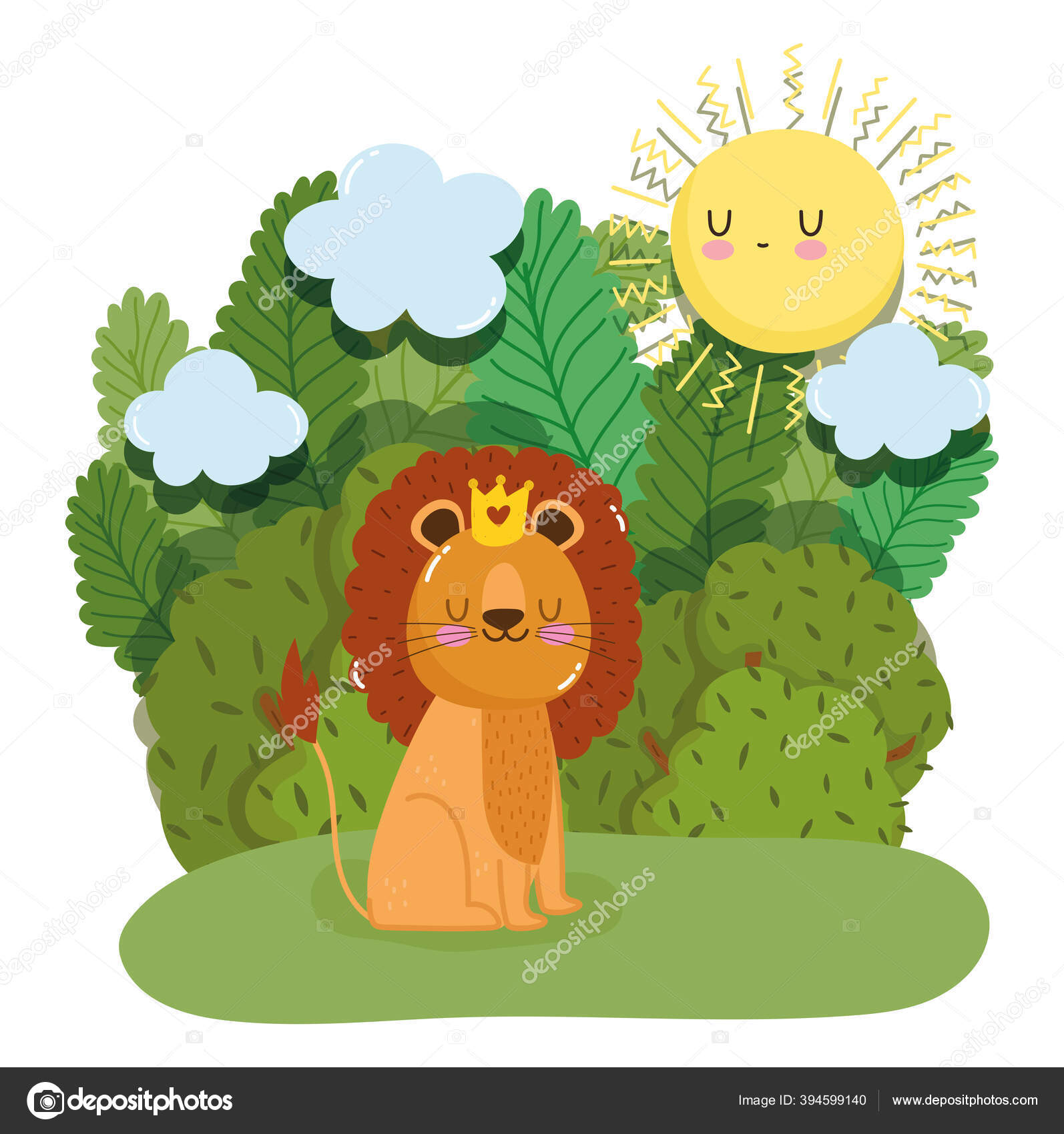 Leão rei bonito com coroa animal grama floresta natureza selvagem desenhos  animados Vetor de ©stockgiu 394599140, image size:1594x1700