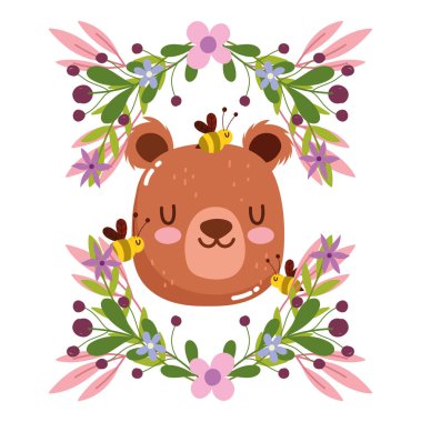 Sevimli ayı başı ve arılar hayvan çiçeği yeşillik doğa dekorasyon çizgi filmi