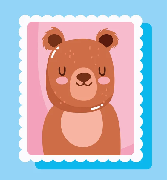 Cute little bear animals cartoon postage mail stamp — Stock Vector