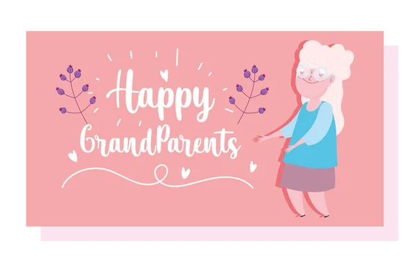 Gelukkig grootouders dag, schattig oma bloemen en belettering cartoon kaart — Stockvector