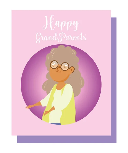 Gelukkig grootouders dag, bejaarde vrouw oma met bril cartoon kaart — Stockvector
