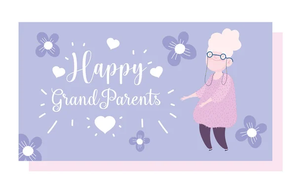 Feliz dia dos avós, bonito avó velha mulher com flores cartão de desenho animado —  Vetores de Stock