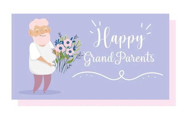 Heureux grand-père jour, mignon grand-père avec bouquet de fleurs carte de dessin animé — Image vectorielle