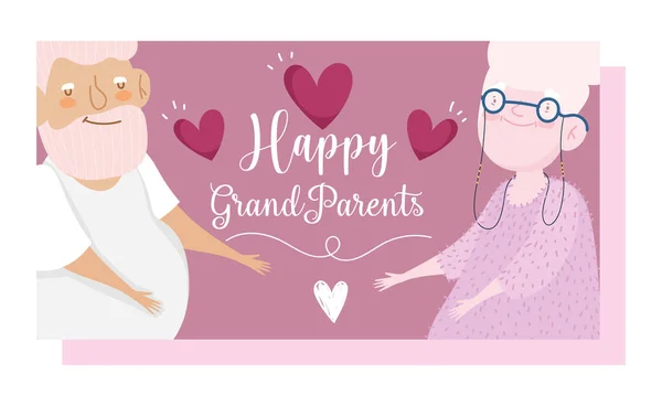 Happy grandparents day, cartoon grandfather and grandmother love hearts card — Stock Vector