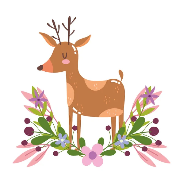 Schattig rendier dier bloemen gebladerte natuur decoratie cartoon — Stockvector