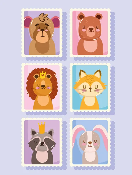 Animaux mignons timbres-poste de dessin animé lion renard ours lapin et raton laveur — Image vectorielle