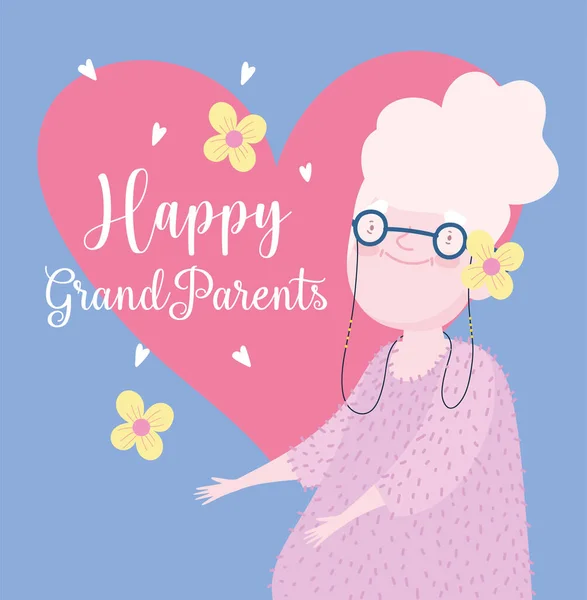 Feliz día de los abuelos, linda abuela con corazones y flores decoración tarjeta de dibujos animados — Archivo Imágenes Vectoriales