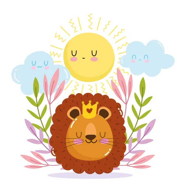 Söt tecknad djur bedårande vilda karaktär litet lejon med krona sol lövverk — Stock vektor
