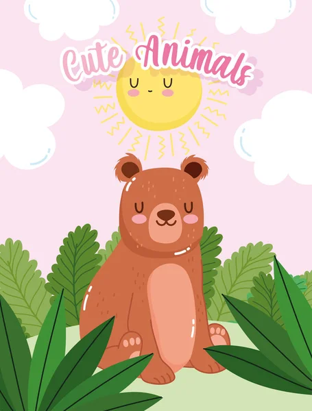 Słodkie niedźwiedź siedzi na trawie las natura dziki kreskówka — Wektor stockowy