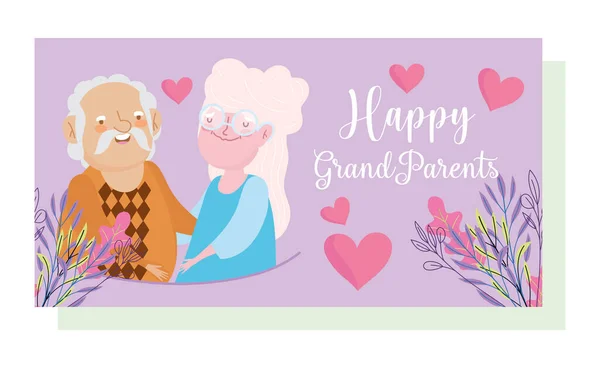 Szczęśliwy dzień dziadków, portret starszej pary z kwiatami i sercami kreskówki — Wektor stockowy