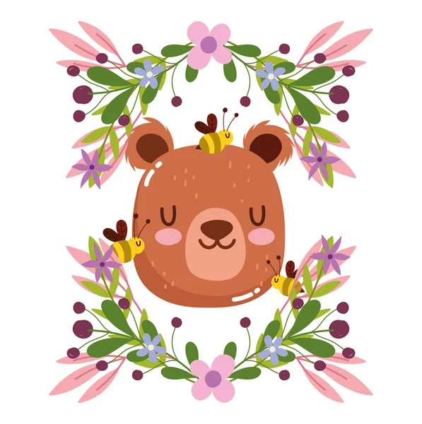 Cabeça de urso bonito e abelhas flores animais folhagem natureza decoração desenho animado — Vetor de Stock