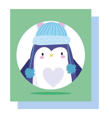 Kışlık şapkalı küçük penguen hayvan çizgi film karakteri vahşi yaşam