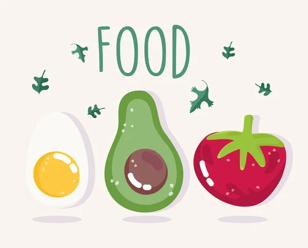 Mat hälsosam kost vitamin färsk ekologisk kokt ägg avokado och tomat — Stock vektor