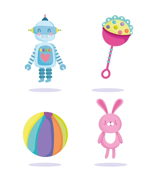 Robô chocalho coelho e bola brinquedos objeto para crianças pequenas para jogar ícones de desenhos animados —  Vetores de Stock