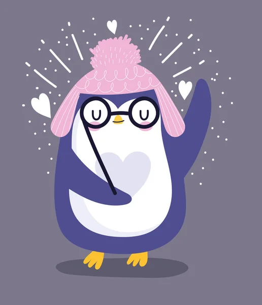 Pingouin avec lunettes et pompon chapeau oiseau animal dessin animé faune — Image vectorielle