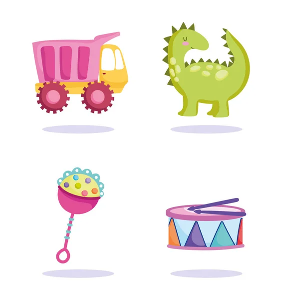 Juguete objeto para niños pequeños para jugar dibujos animados dinosaurio camión sonajero y tambor — Vector de stock