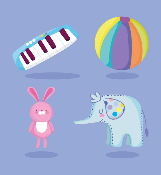 Іграшковий об'єкт для маленьких дітей, щоб грати на піаніно слон кролик і кулькові ікони — стоковий вектор