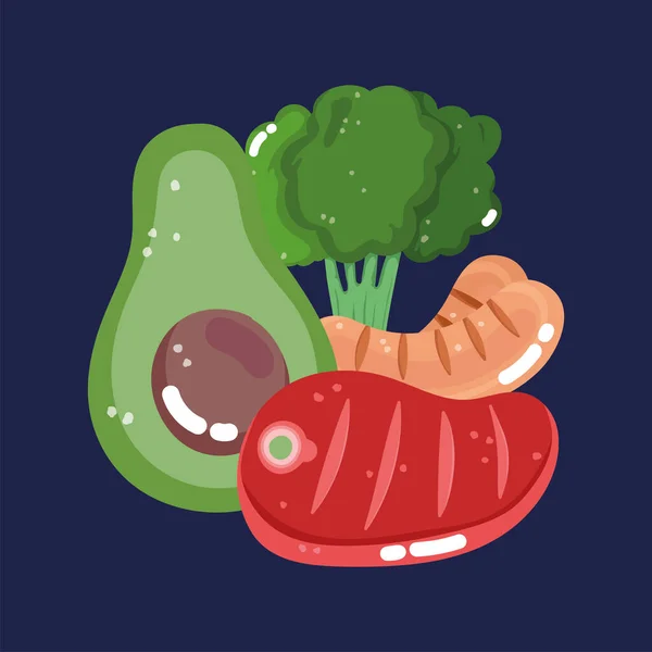 Mat grönsak meny färsk kost ingrediens skiva avokado korv broccoli och kött — Stock vektor