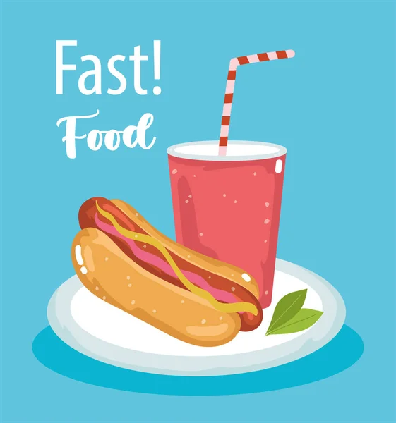 Comida rápida hot dog y soda menú restaurante malsano, cartel dibujado a mano letras — Vector de stock