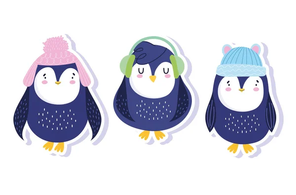 Pinguins com chapéus de inverno e abafadores de ouvido animais de desenhos animados animais antárticos vida selvagem — Vetor de Stock