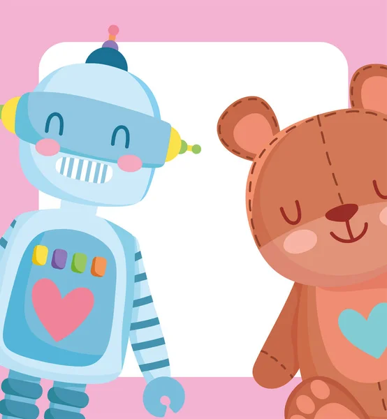 Brinquedos objeto para crianças pequenas para jogar desenho animado pequeno robô e ursinho de pelúcia —  Vetores de Stock