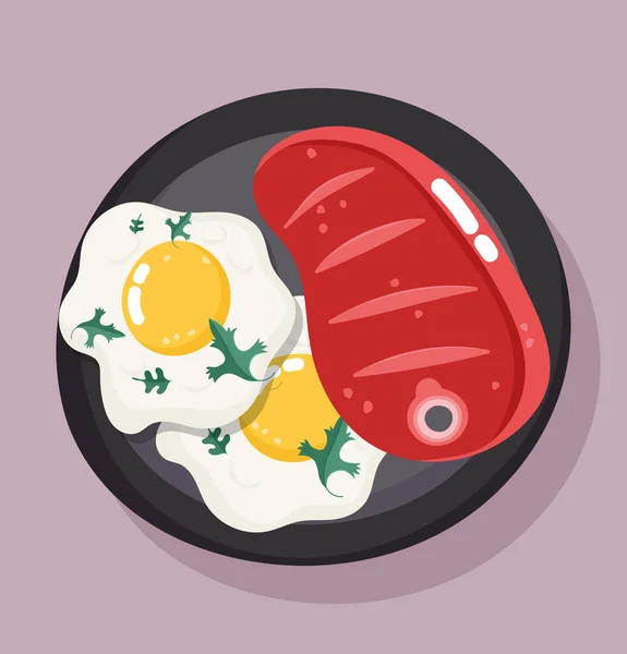 Питание ужин в блюде, меню свежий бифштекс и жареные яйца — стоковый вектор