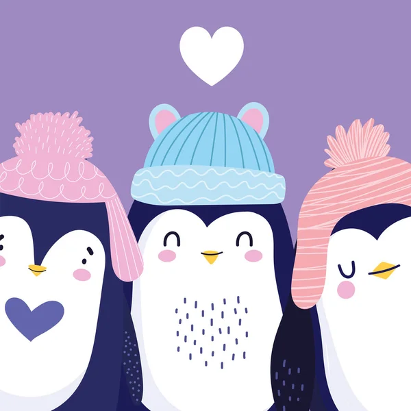 Lindo pingüinos adorable con pompón sombreros pájaro animal dibujos animados fauna — Vector de stock