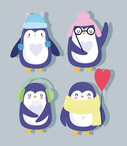 Мультфильм с пингвинами в шляпах шарф и сердечный шар antarctic птиц животных дикой природы — стоковый вектор