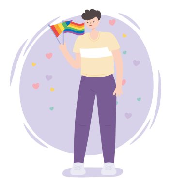 LGBTQ topluluğu, elinde gökkuşağı bayrakları olan genç adam, eşcinsel geçit töreni cinsel ayrımcılık protestosu
