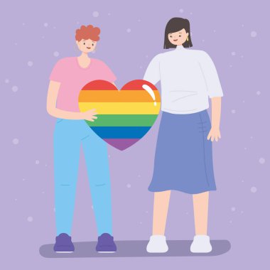 LGBTQ toplumu, genç kadınlar gökkuşağı kalbi sevgisi, eşcinsel geçit töreni cinsel ayrımcılığı protesto ediyor