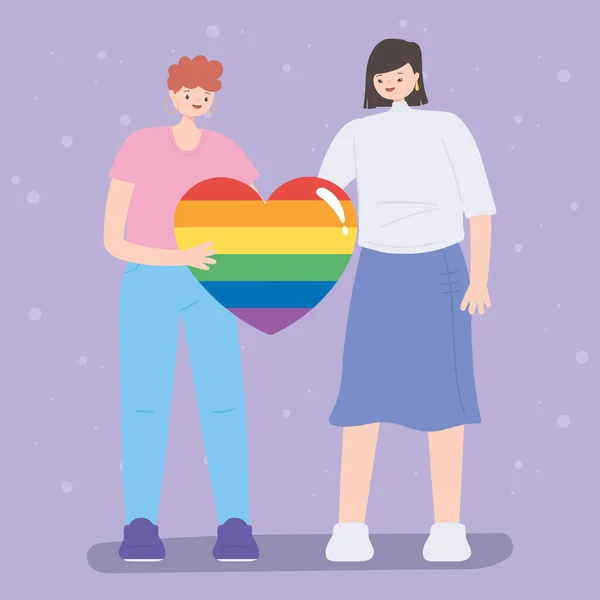 LGBTQ Community, junge Frauen halten Regenbogenherzen Liebe, Homosexuellen Parade sexuelle Diskriminierung Protest — Stockvektor